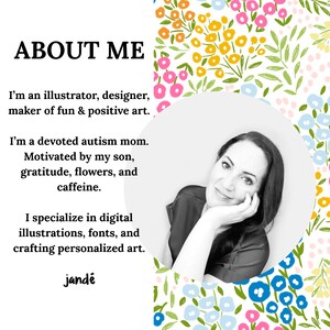 May include: A black and white photo of a woman with dark hair smiling. The photo is in a circle with a white background. The background of the image is a white background with a floral pattern in pink, blue, yellow, and green.