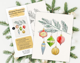 Hanging Ornaments Watercolor Paint Kit | Pick Your Pack 2, 4, 8, 10, 12 Packs | Pre-Sketched Winter Holiday Art Set for Paint Party