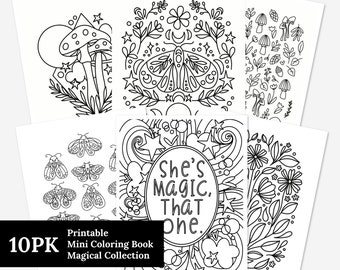 10 Pk Magical Printable Coloring Book 10Pk Coloring Pages | Hand-Drawn Moon Mushroom Floral | Adult Zen Calming Color Activity Time