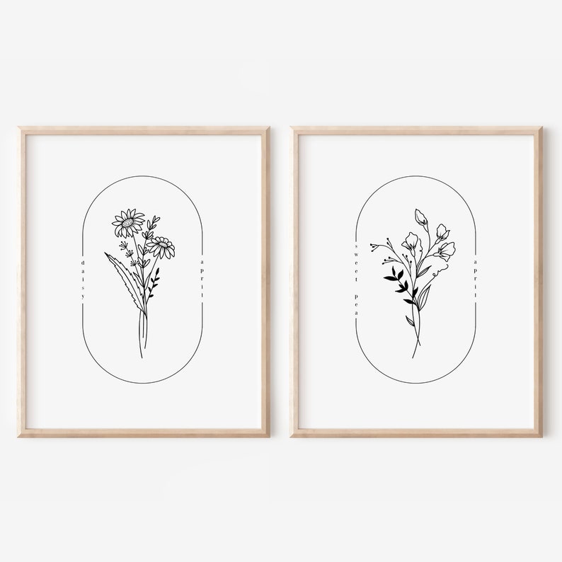 May include: Two black and white line drawings of flowers in oval frames. The first image is a daisy with the text "Daisy April" and the second image is a sweet pea with the text "Sweet Pea April".