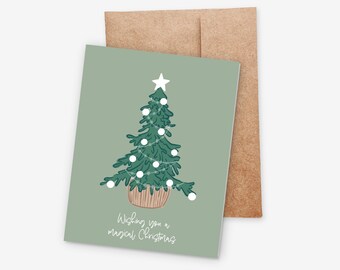 6 PK Wishing You a Magical Christmas Cards + Envelopes | Illustrated Tree | Blank Inside 4.25X5.5"