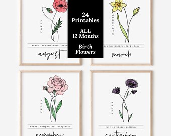 24 Pk Birth Flower Bundle Printables | 12 Month Floral Line Art Watercolor Wall Art Decor | Full Year Birth Flower Digital Pack