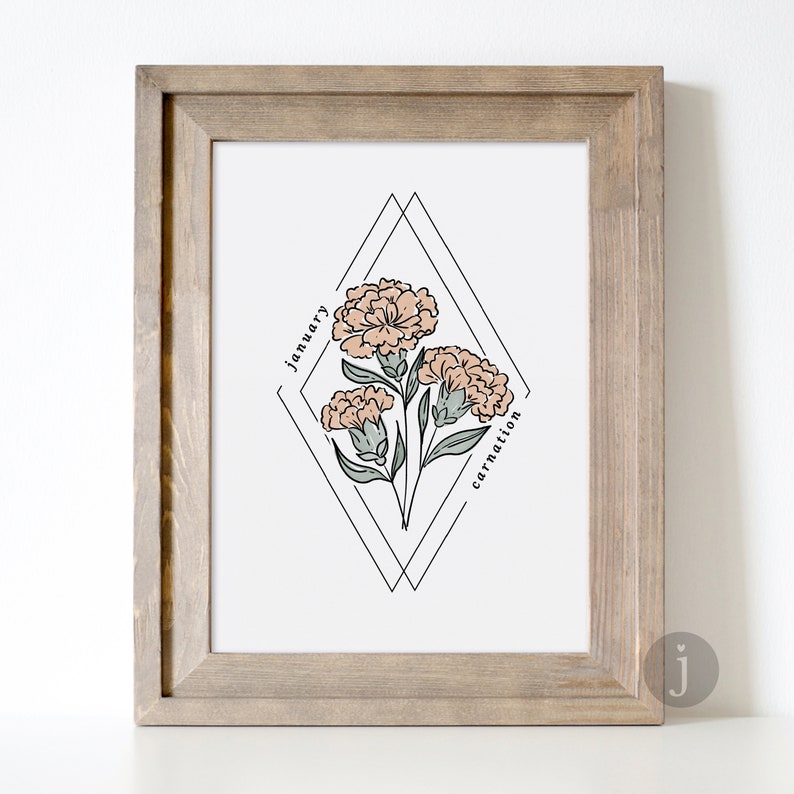 January Carnation Birth Flower Printable | Watercolor Floral Diamond ...