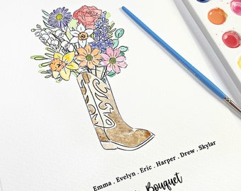 Hand Painted Birth Flower Bouquet Print Up to 8 Flowers + Names | Personalized Unframed Florals Cowboy Boot Art | Gift for Mom Grandma