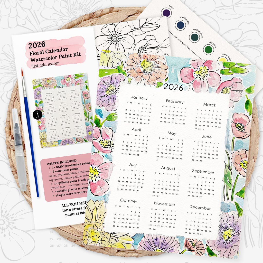 2026 Floral Calendar Watercolor Paint Kit | Pre-sketched Art Set ...
