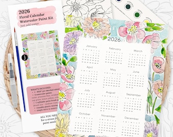 2026 Floral Calendar Watercolor Paint Kit | Pre-Sketched Art Set, Family Paint Gift, Date Night, Vision Board Party