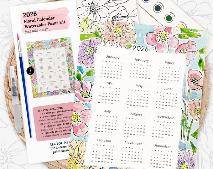 Featured listing image: 2026 Floral Calendar Watercolor Paint Kit | Pre-Sketched Art Set, Family Paint Gift, Date Night, Vision Board Party