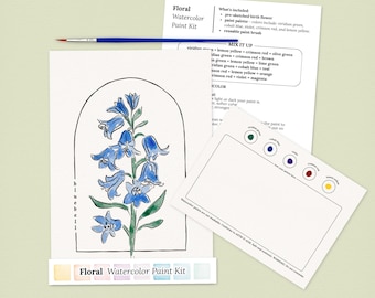 Floral Watercolor Paint Kits in Bulk | All In One Art Set - Outline, Brush & Palette | 45 Flower Options