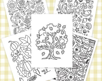 20 Pk 4 Seasons Printable Coloring Pages | Hand-Drawn Spring Summer Fall Autumn Winter Printable Sheets