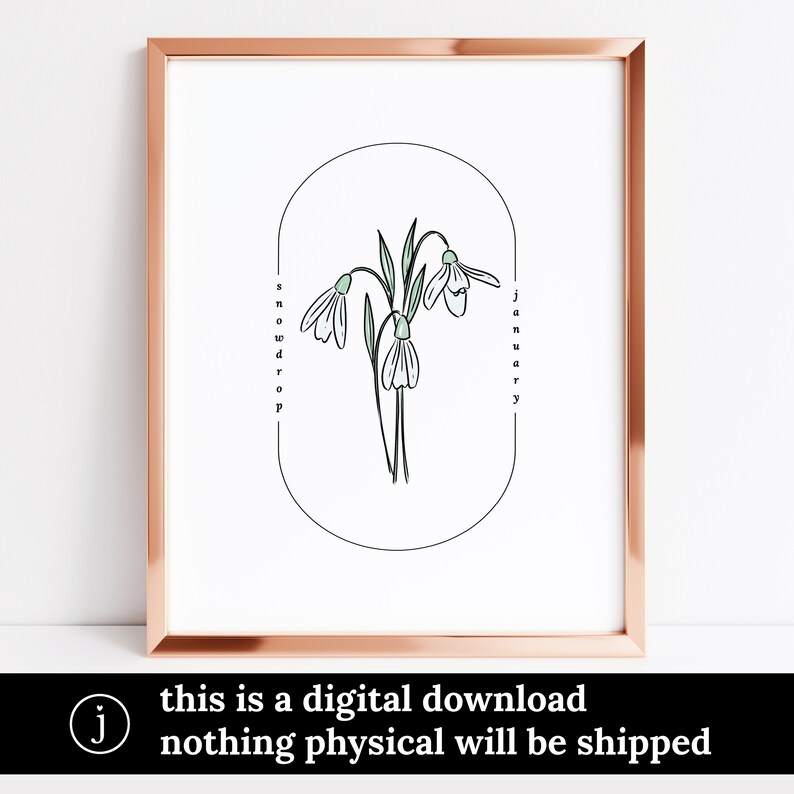 May include: A framed art print featuring a botanical illustration of snowdrop flowers. The artwork is in a minimalist style with a copper-colored frame. Text on the print reads "snowdrop" and "january". The bottom of the print states "this is a digital download nothing physical will be shipped".