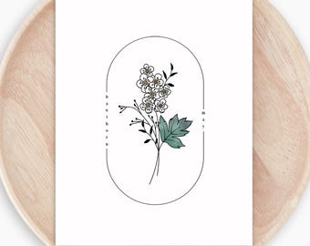 May include: A white rectangular print featuring a black line drawing of a hawthorn flower with green leaves inside a thin oval frame. The text "hawthorn" is printed vertically on the left side and "may" on the right side of the oval.