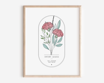 January Birth Flower Carnation | Arch Oval Frame Simple Art Printable