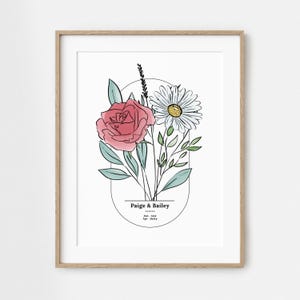 Couples Birth Flower Bouquet Print | Personalized Wedding Gift | Unframed Couples Anniversary Keepsake | Garden Inspired Gift
