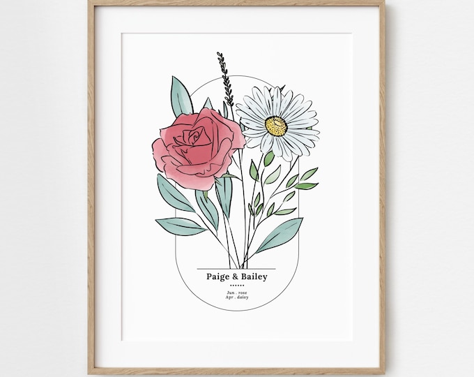 Featured listing image: Couples Birth Flower Bouquet Print | Personalized Wedding Gift | Unframed Couples Anniversary Keepsake | Garden Inspired Gift