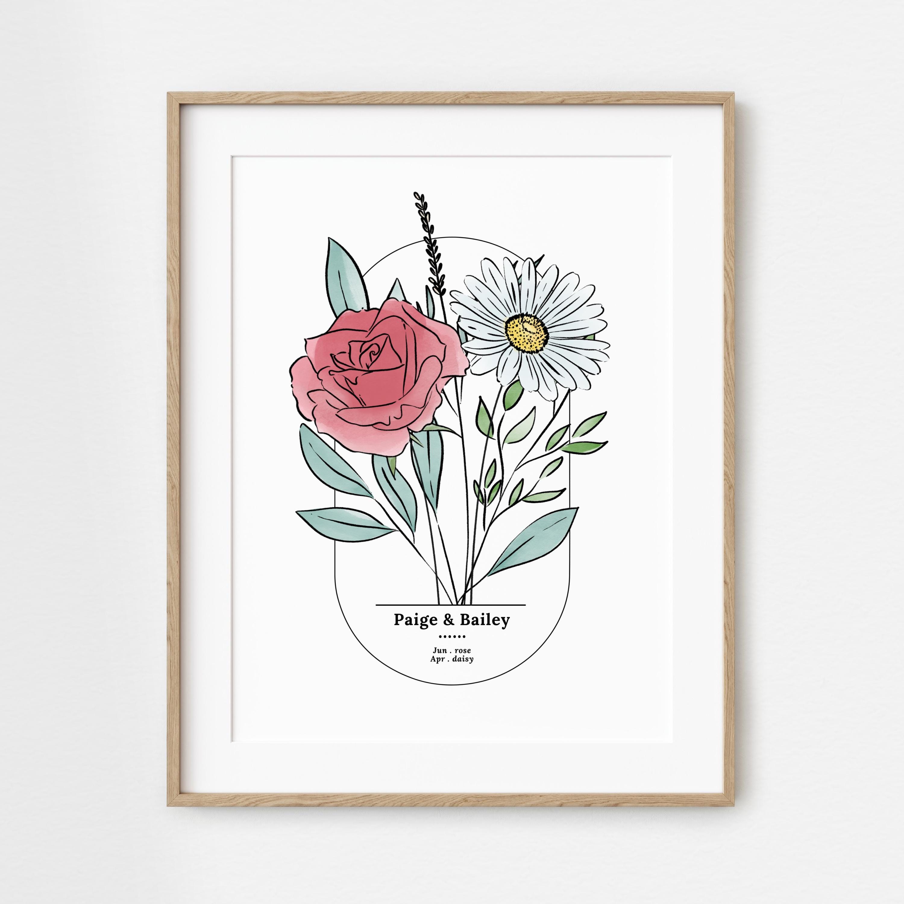 Couples Birth Flower Bouquet Print | Personalized Wedding Gift | Unframed Couples Anniversary Keepsake | Garden Inspired Gift