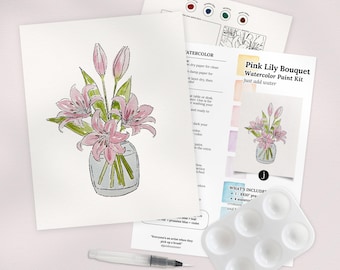 Pink Lilies Bouquet Watercolor Paint Kit | All In One Lily Art Set Gift, Family Paint Party, Date Night