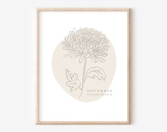 November Chrysanthemum Birth Flower Printable | Simple Line Art Boho Decor Style | Birthday Gift Nursery Art | Neutral Wall Decor