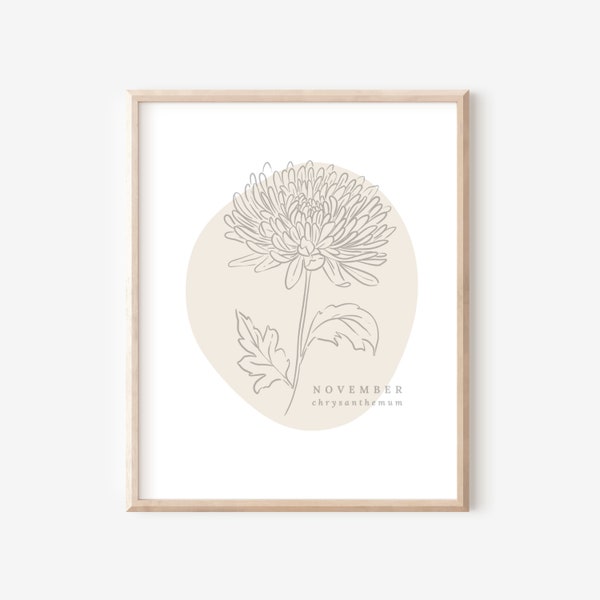 November Chrysanthemum Birth Flower Printable | Simple Line Art Boho Decor Style | Birthday Gift Nursery Art | Neutral Wall Decor