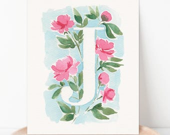 Painted Peony Floral Letter Art | Watercolor Initial Monogram