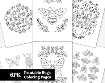 6 PK Printable Bug Coloring Pages | Print & Color | Digital Art Illustrated Nature Bee Butterfly Beetle Doodles