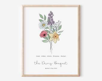 Family Birth Flower Bouquet Printable | Up to 6 Flowers & Names | Personalized Birth Flower Garden Inspired Gift