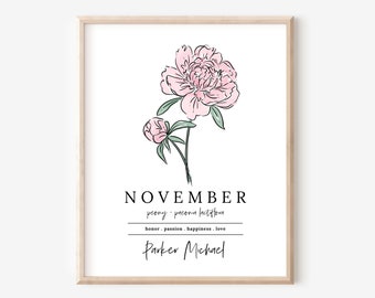 November Peony Birth Flower Personalized Name Unframed Art Print | Custom Gift for Birthdays | Nursery Wall Decor | Floral Tattoo Design