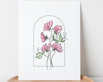 Sweet Pea Flower Unframed Art Print | 4 Options Floral Illustration Wall Decor