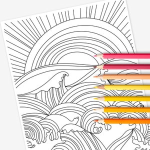 Sunset & Ocean Waves Coloring Page Digital Printable Water Zen Relaxing Coloring Sheet image 4