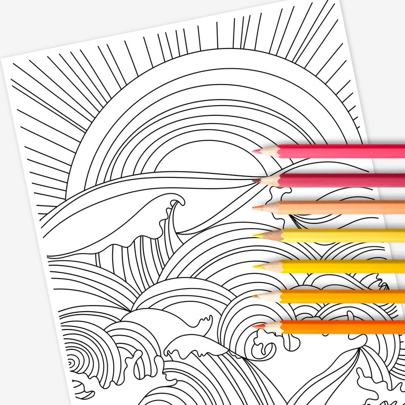 Sunset & Ocean Waves Coloring Page Digital Printable Water Zen Relaxing Coloring Sheet image 4