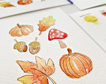 Fall Mini Watercolor Paint Kit | 3 Pre-Sketched Autumn Art Set with Paints + Brush | Pumpkin Leaves Mushrooms