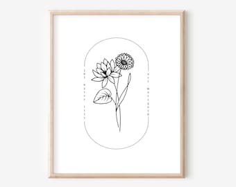 July & October Birth Flower Printable | Simple Line Art | Water Lily Marigold Floral