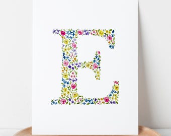 Painted Letter E | Wildflower Monogram Art Print | Floral Initial Wall Decor