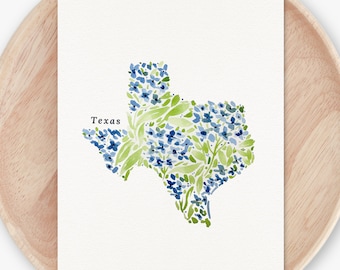 Hand Painted Floral US State Map Art Print | Blue Hydrangea Original Watercolor Painting | Pick Your State