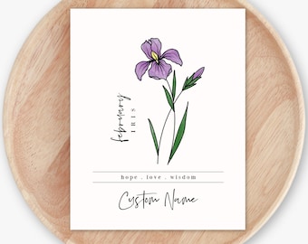 Personalized February Birth Flower Iris Unframed Print | Nature Inspired Birthday Mother's Day Gift