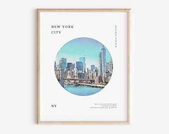 New York River View Facts & Watercolor Illustration Printable | Cityscape Minimal Decor Wall Decor