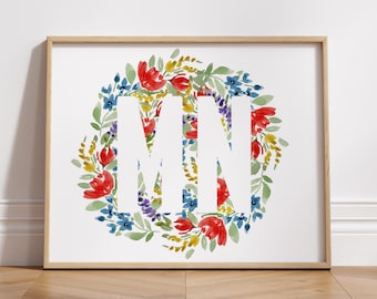 Floral State or Country Abbreviation Art Print | Hand Painted Scarlett's Garden
