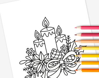 Holiday Candles Printable Coloring Page | Christmas Coloring Sheets | Yule Family Night Activity School Relax and Color Cozy Xmas