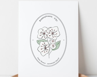 Pennsylvania US State Flower Cameo Style | Mountain Laurel Watercolor Floral Art Printable