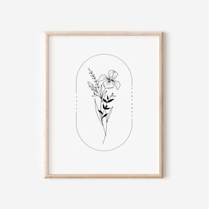 May include: A black and white line drawing of an iris flower in an oval frame. The text "February" and "Iris" are written vertically on either side of the flower.
