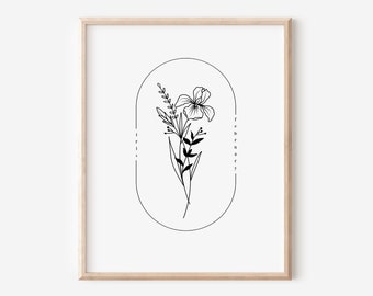 February Birth Flower Iris | Oval Frame Simple Art Printable | Nature Inspired Digital Wall Decor
