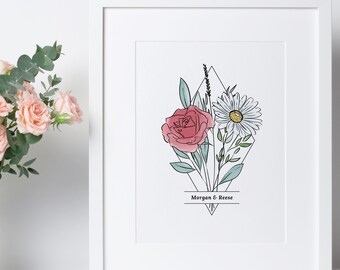 Couples Flower Anniversary Bouquet Printable | Birth Month Art