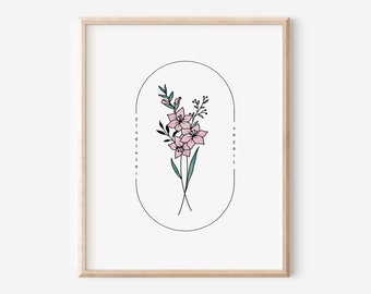August Birth Flower Gladiolus | Watercolor Oval Frame Simple Art Printable