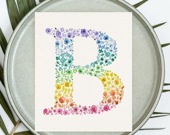 Painted Rainbow Floral Letter Art Print | Custom Monogram Gift | Watercolor Wildflower Initial Wall Art