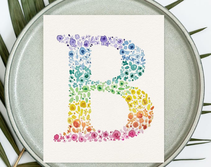 Featured listing image: Painted Rainbow Floral Letter Art Print | Custom Monogram Gift | Watercolor Wildflower Initial Wall Art