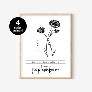 September Birth Flower 2 Pk Aster Morning Glory Flowers | Black & White  + Watercolor Floral Art Printable