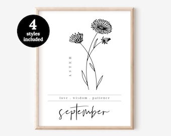 September Birth Flower 2 Pk Aster Morning Glory Flowers | Black & White  + Watercolor Floral Art Printable