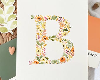 Hand Painted Fall Palette Letter Monogram | Autumn Leaves Watercolor Original Painting