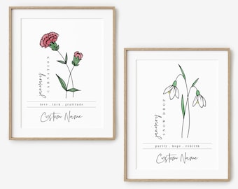 January Birth Flower Unframed Art Print | Personalized Name Custom Floral Illustration Wall Decor Birthday Gift