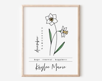 Personalized Name December Birth Flower Narcissus | Custom Digital Printable Birth Gift | Garden Inspired Gift for Mom