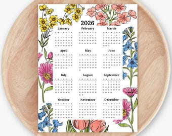 2026 Calendar Print | Garden Florals & Wildflowers At A Glance Unframed Art | Floral Office Wall Decor